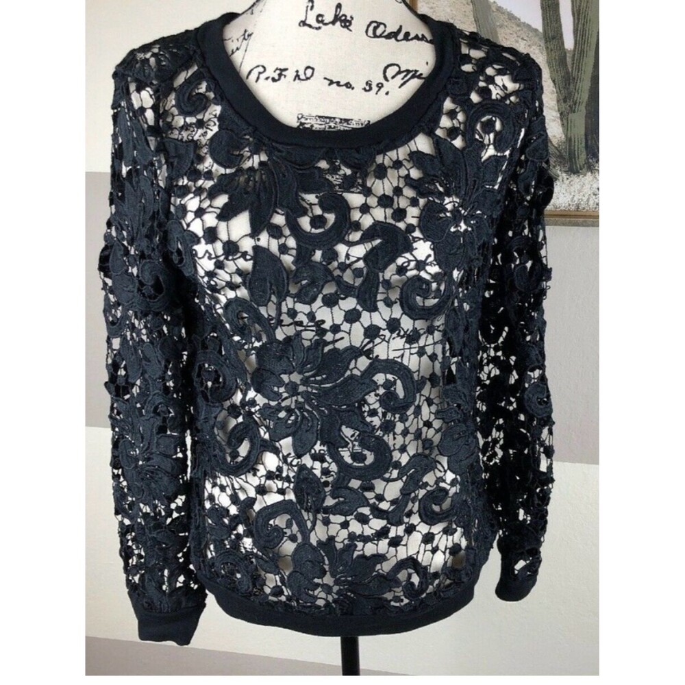 Bellatrix Black Floral Lace Long Sleeve Top | Sheer Lace Blouse | Size S petite